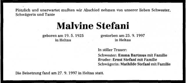 Stefani Malvine 1925-1997 Todesanzeige